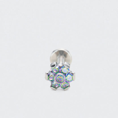 Bezel Flower Rainbow CZ Labret in Silver - Titanium