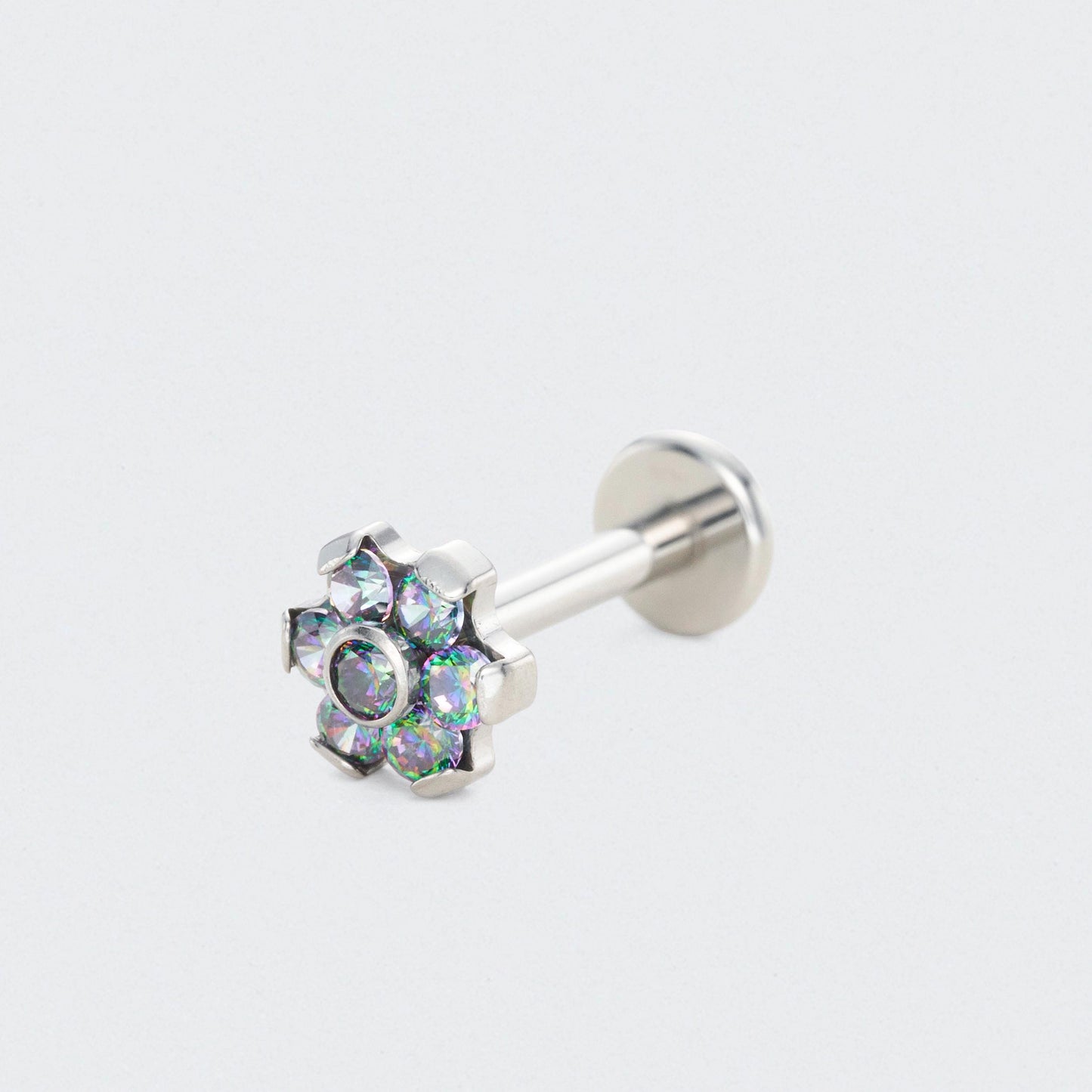 Bezel Flower Rainbow CZ Labret in Silver - Titanium