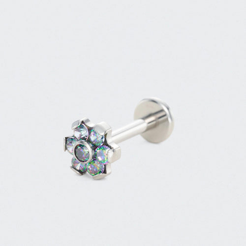 Bezel Flower Rainbow CZ Labret in Silver - Titanium