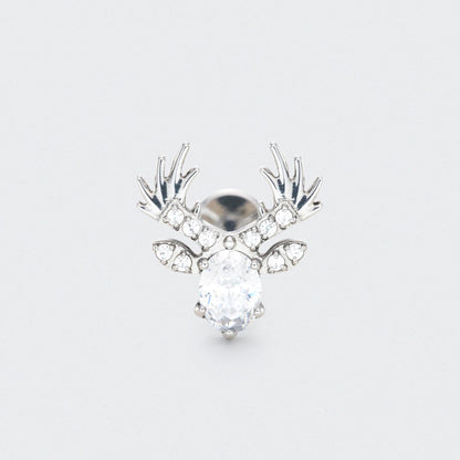 Christmas Rudolf Reindeer with CZ Centre Labret in Silver - Titanium