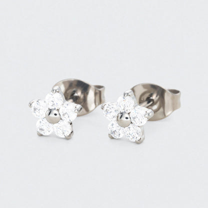 Flower CZ Earrings in Silver - Titanium