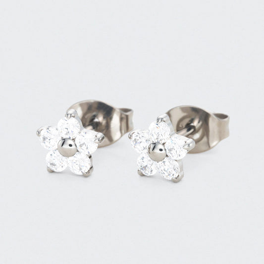 Flower CZ Earrings in Silver - Titanium