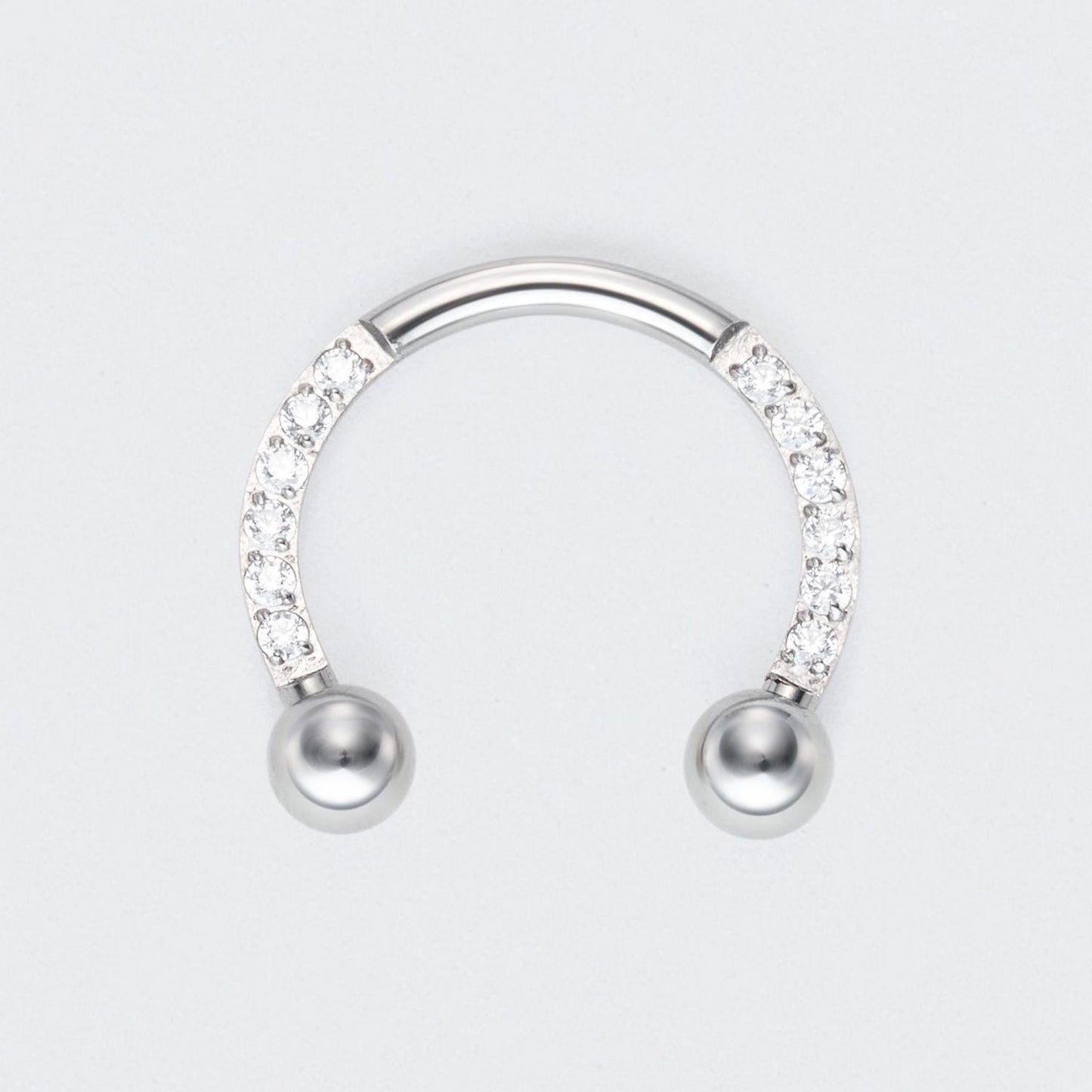 Circular Barbell with Balls CZ Front Facing Horseshoe in Silver - Titanium