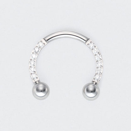 Circular Barbell with Balls CZ Front Facing Horseshoe in Silver - Titanium