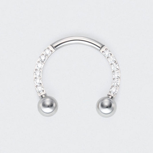 Circular Barbell with Balls CZ Front Facing Horseshoe in Silver - Titanium