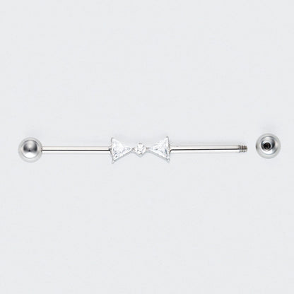 Double Triangle CZ with CZ Centre Pole Industrial Barbell in Silver - Titanium