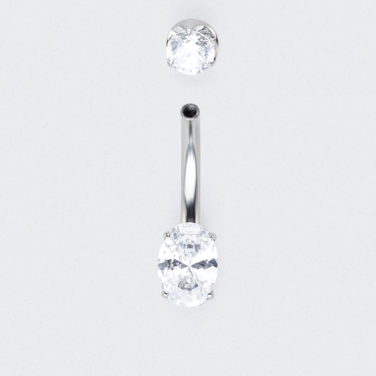 Oval Cut Prong Set CZ Belly Bar in Silver - Titanium