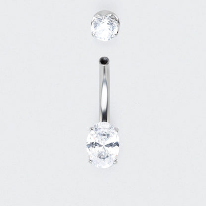 Oval Cut Prong Set CZ Belly Bar in Silver - Titanium