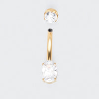 Oval Cut Prong Set CZ Belly Bar in Gold - Titanium