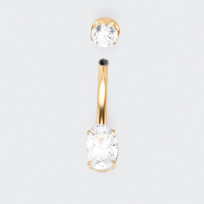 Oval Cut Prong Set CZ Belly Bar in Gold - Titanium