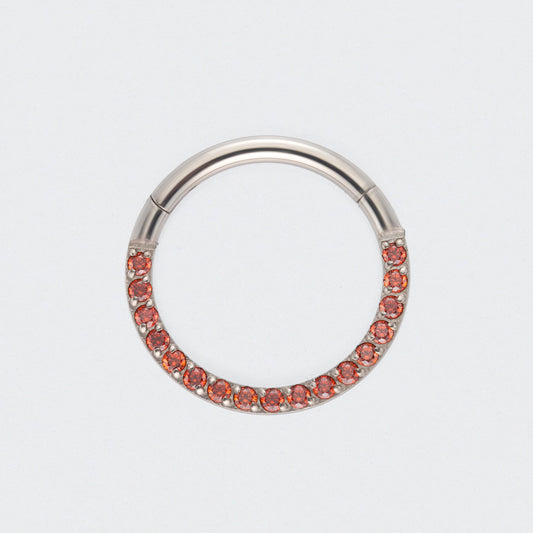 Red CZ Front Facing Hinged Segment Clicker Ring in Silver - Titanium