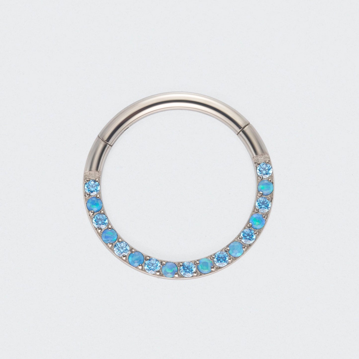 Aqua & Blue CZ Front Facing Segment Clicker Ring in Silver - Titanium
