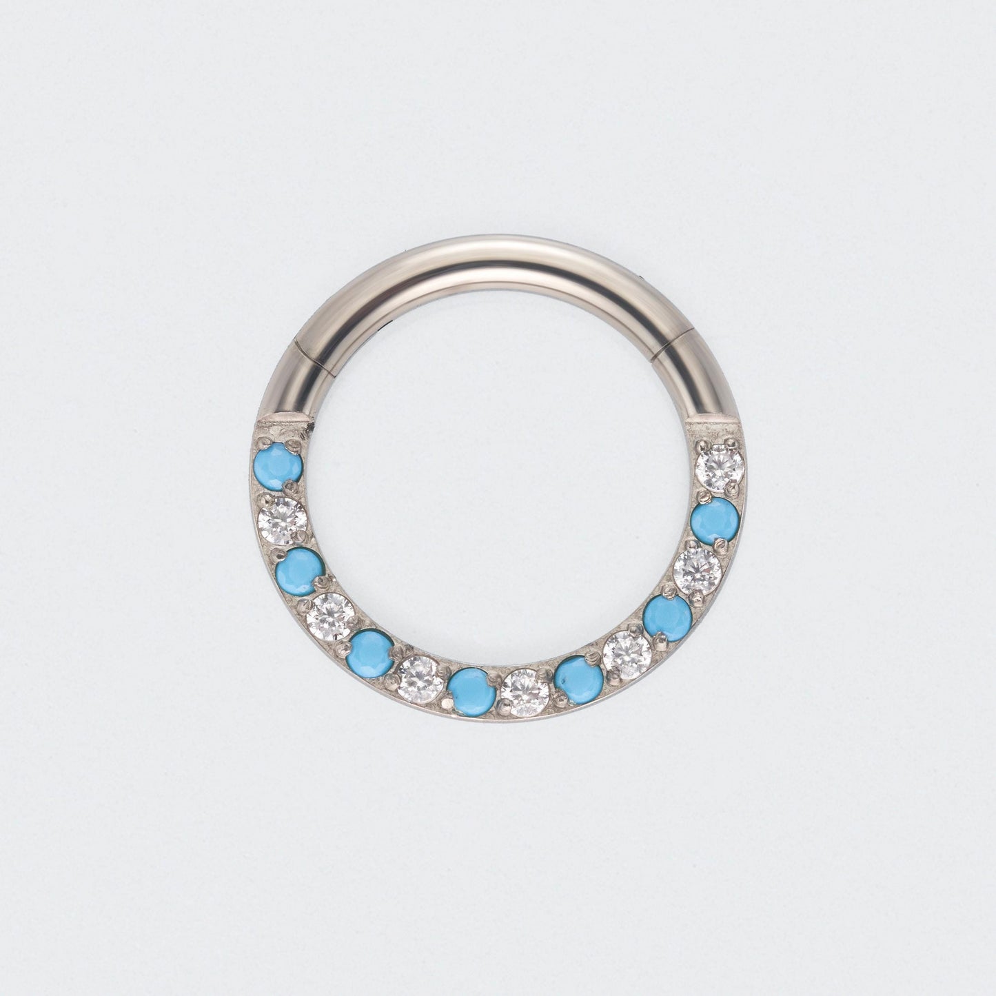Turquoise & CZ Front Facing Segment Clicker Ring in Silver - Titanium