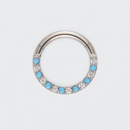 Turquoise & CZ Front Facing Segment Clicker Ring in Silver - Titanium