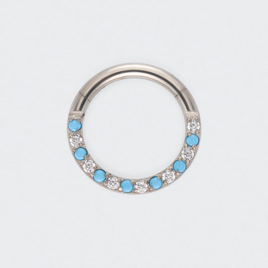 Turquoise & CZ Front Facing Segment Clicker Ring in Silver - Titanium