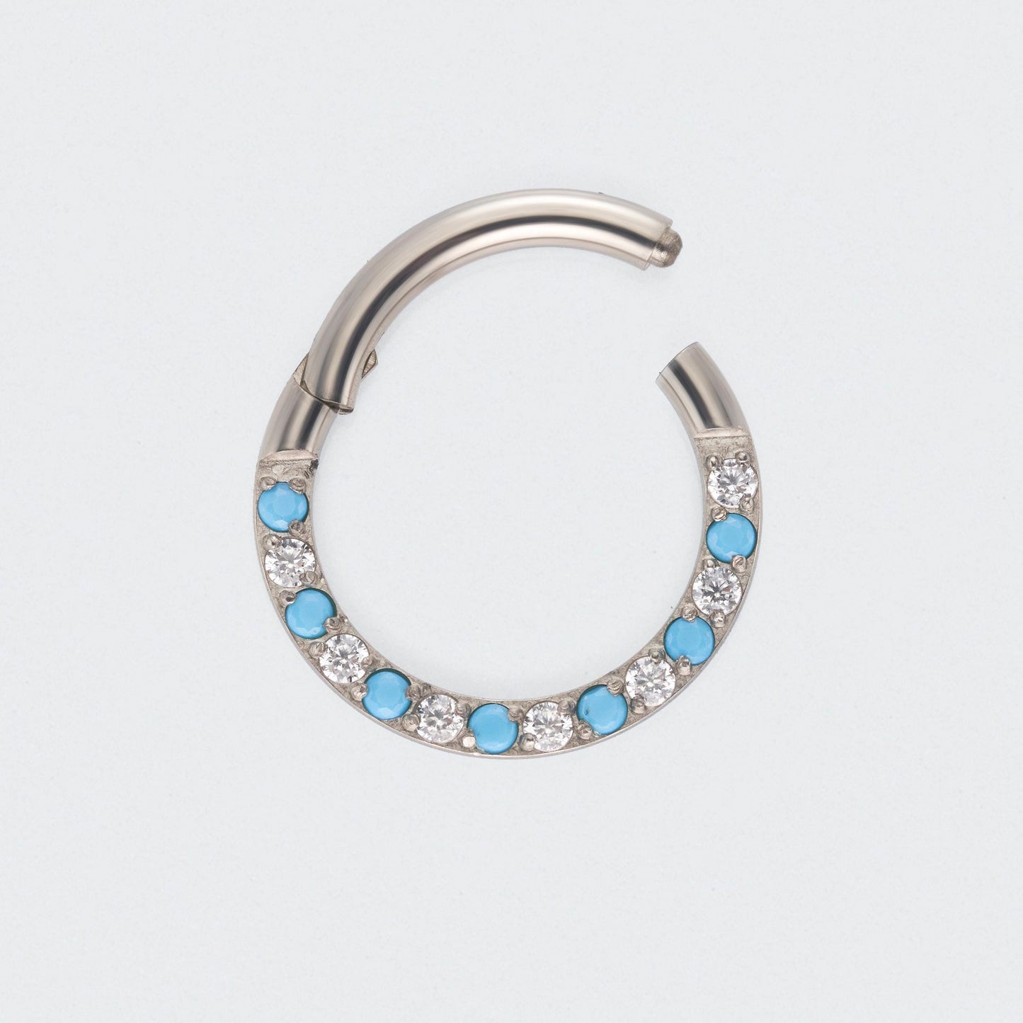 Turquoise & CZ Front Facing Segment Clicker Ring in Silver - Titanium