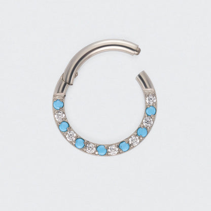 Turquoise & CZ Front Facing Segment Clicker Ring in Silver - Titanium