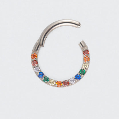 Rainbow CZ Front Facing Segment Clicker Ring in Silver - Titanium