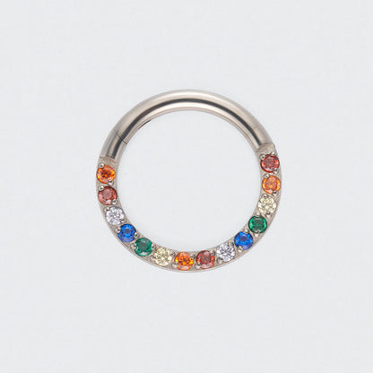 Rainbow CZ Front Facing Segment Clicker Ring in Silver - Titanium