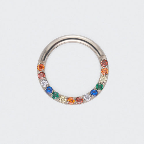 Rainbow CZ Front Facing Segment Clicker Ring in Silver - Titanium