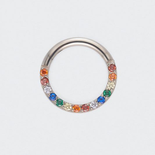Rainbow CZ Front Facing Segment Clicker Ring in Silver - Titanium