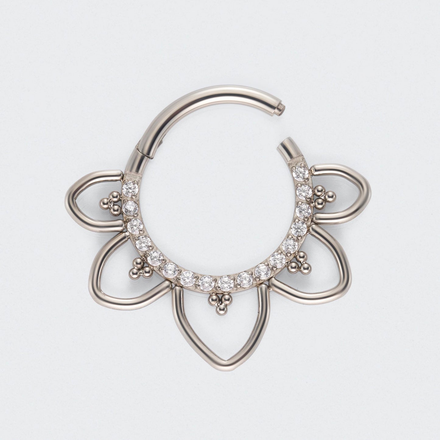 Floral CZ Front Facing Paved Segment Clicker Ring in Silver - Titanium