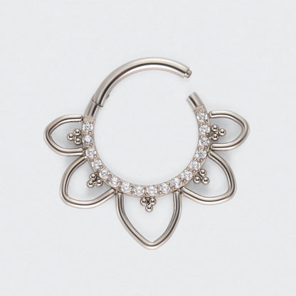 Floral CZ Front Facing Paved Segment Clicker Ring in Silver - Titanium