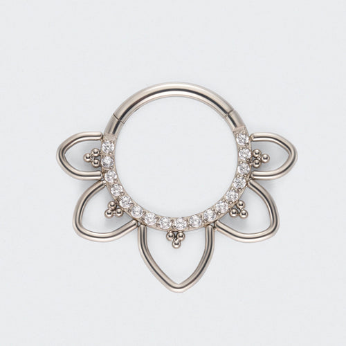 Floral CZ Front Facing Paved Segment Clicker Ring in Silver - Titanium