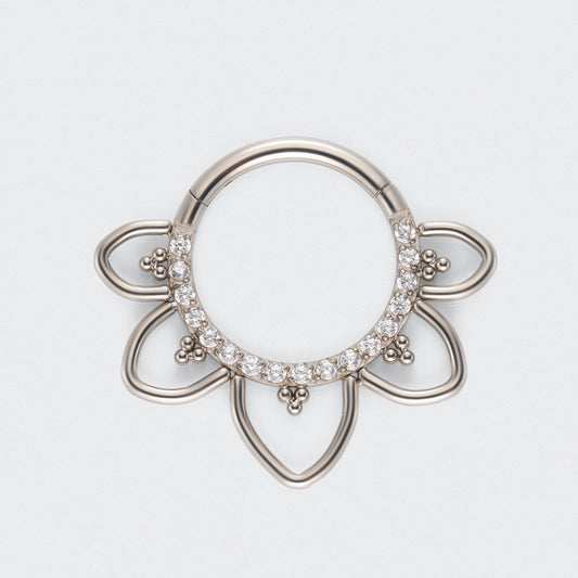 Floral CZ Front Facing Paved Segment Clicker Ring in Silver - Titanium