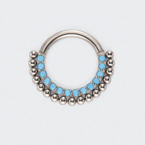 Turquoise Ball Cluster Hinged Segment Hoop Ring in Silver - Titanium