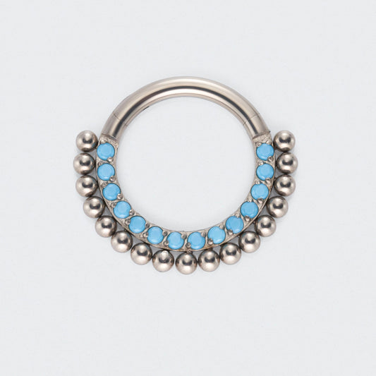 Turquoise Ball Cluster Hinged Segment Hoop Ring in Silver - Titanium