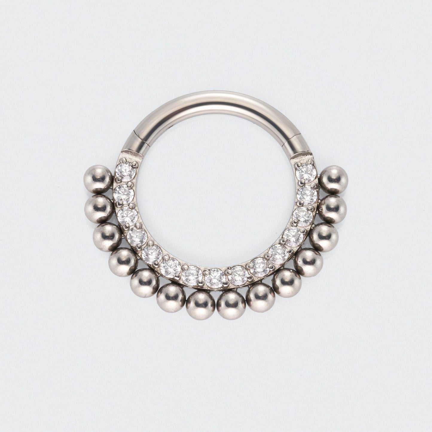 Ball Cluster with CZ Front Facing Hinged Segment Hoop Ring in Silver - Titanium