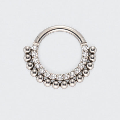 Ball Cluster with CZ Front Facing Hinged Segment Hoop Ring in Silver - Titanium