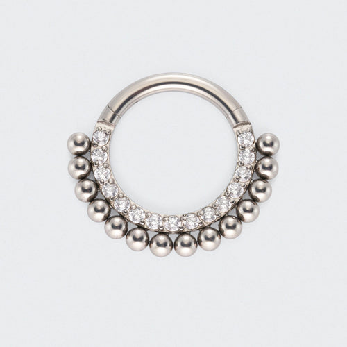 Ball Cluster with CZ Front Facing Hinged Segment Hoop Ring in Silver - Titanium