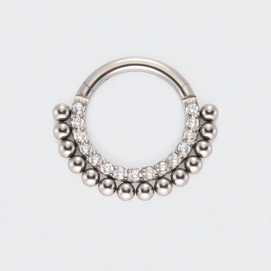 Ball Cluster with CZ Front Facing Hinged Segment Hoop Ring in Silver - Titanium
