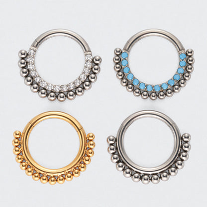 Ball Cluster with CZ Front Facing Hinged Segment Hoop Ring in Silver - Titanium