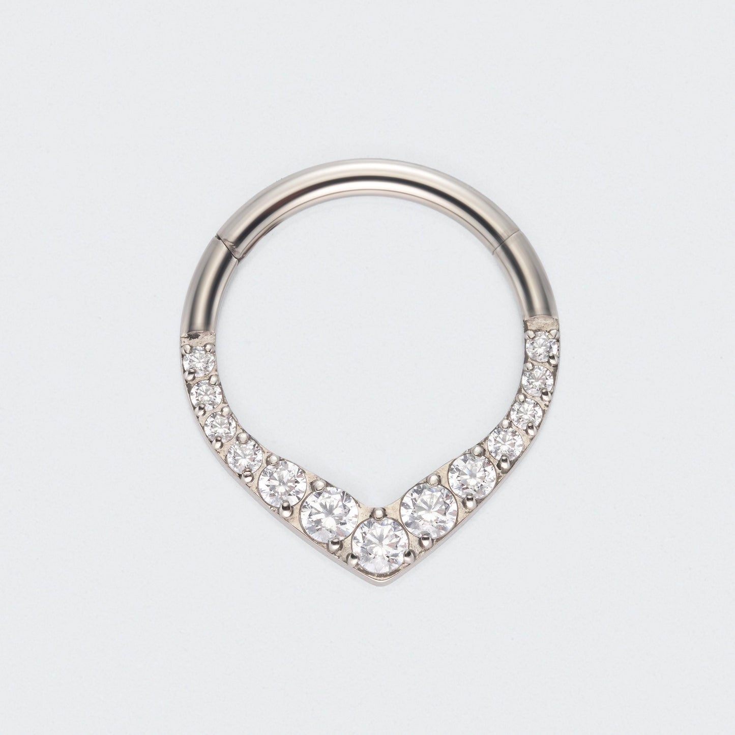 V Shape Teardrop CZ Front Facing Segment Hoop Ring in Silver - Titanium