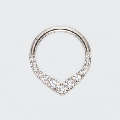 V Shape Teardrop CZ Front Facing Segment Hoop Ring in Silver - Titanium