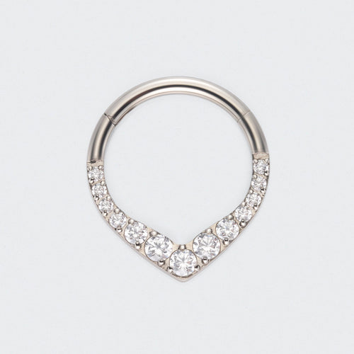 V Shape Teardrop CZ Front Facing Segment Hoop Ring in Silver - Titanium