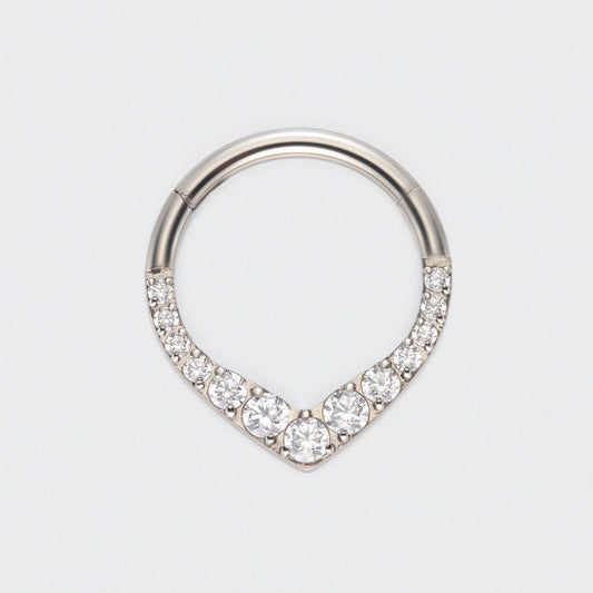 V Shape Teardrop CZ Front Facing Segment Hoop Ring in Silver - Titanium