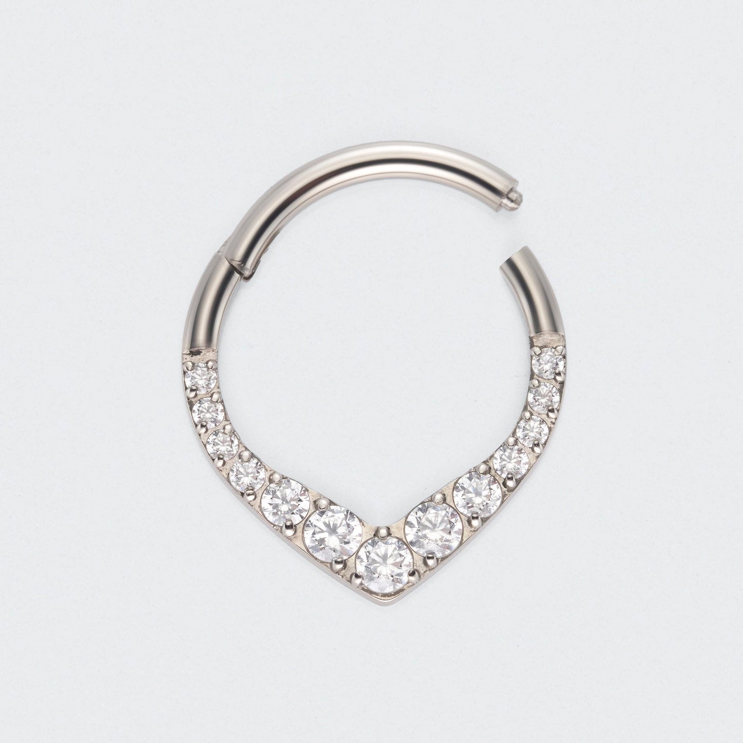V Shape Teardrop CZ Front Facing Segment Hoop Ring in Silver - Titanium