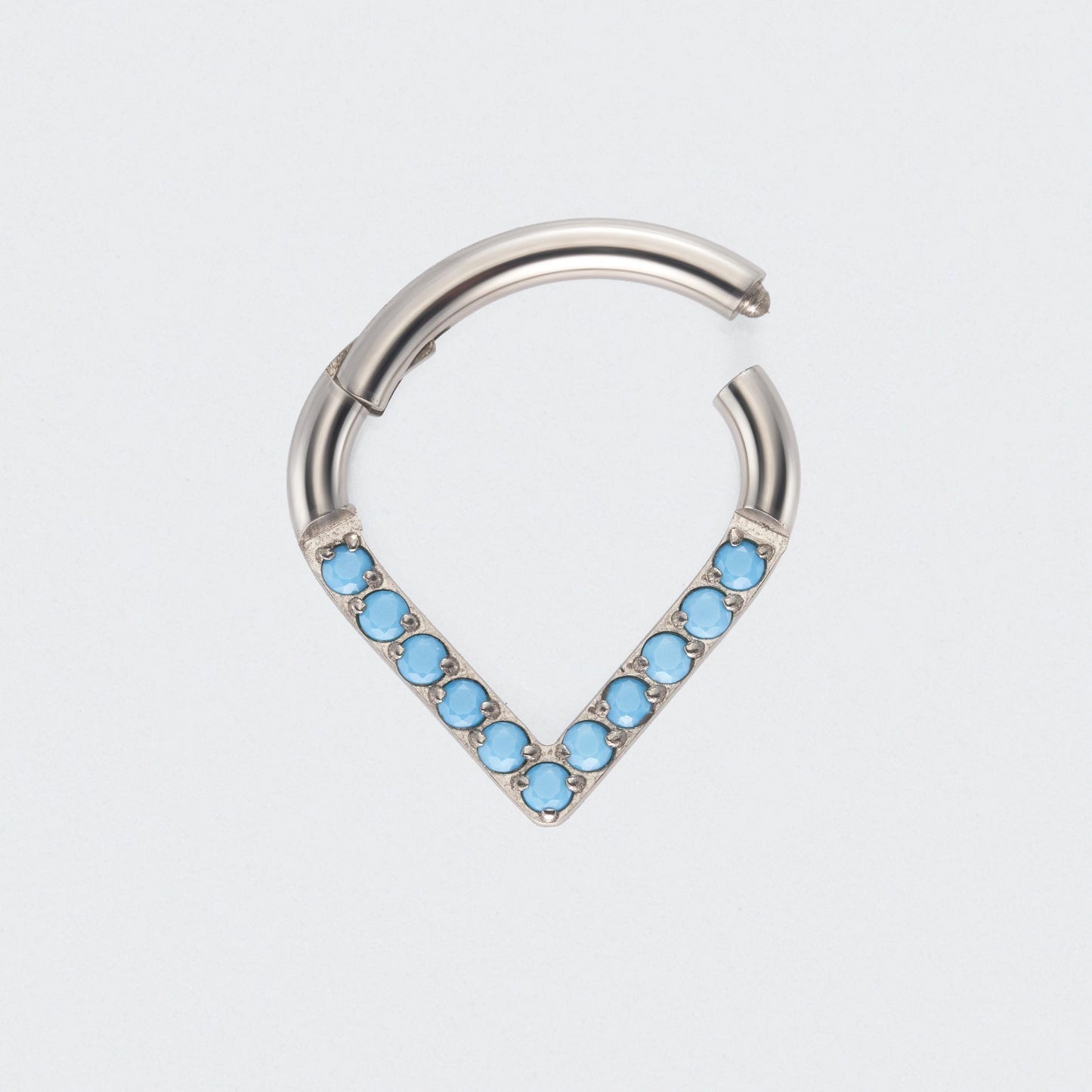 V Shape / Chevron Turquoise Front Facing Hinged Segment Ring in Silver - Titanium