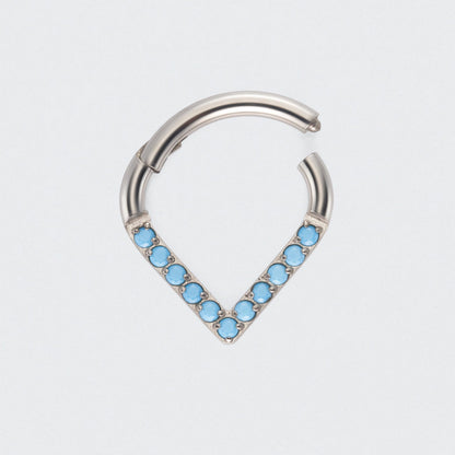 V Shape / Chevron Turquoise Front Facing Hinged Segment Ring in Silver - Titanium