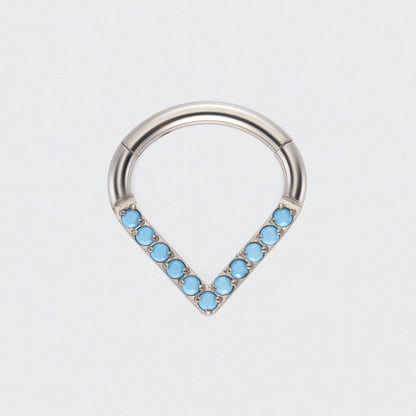 V Shape / Chevron Turquoise Front Facing Hinged Segment Ring in Silver - Titanium