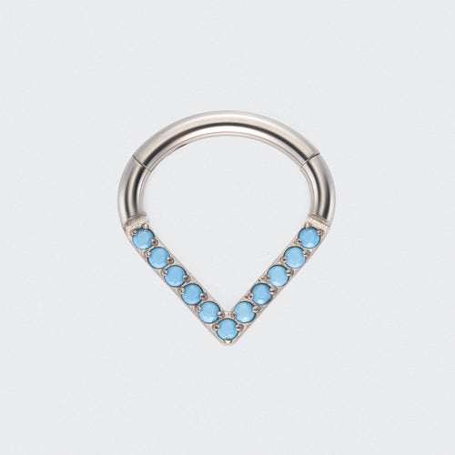 V Shape / Chevron Turquoise Front Facing Hinged Segment Ring in Silver - Titanium