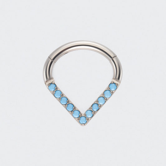 V Shape / Chevron Turquoise Front Facing Hinged Segment Ring in Silver - Titanium
