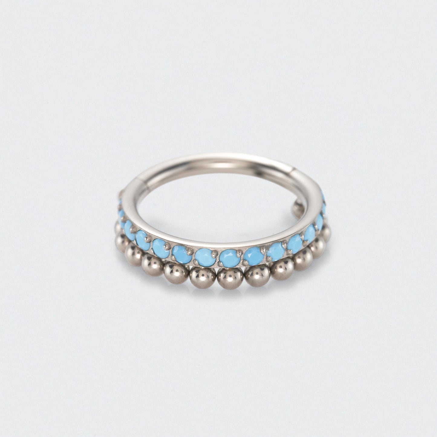 Turquoise Paved Side with Balls Weld Front Facing Segment Ring in Silver - Titanium