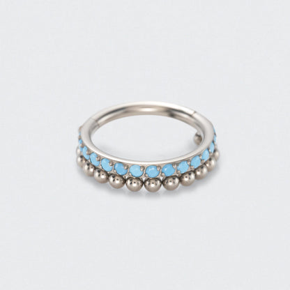 Turquoise Paved Side with Balls Weld Front Facing Segment Ring in Silver - Titanium