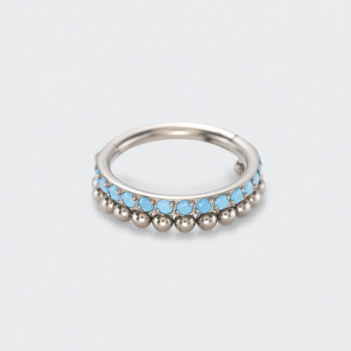 Turquoise Paved Side with Balls Weld Front Facing Segment Ring in Silver - Titanium
