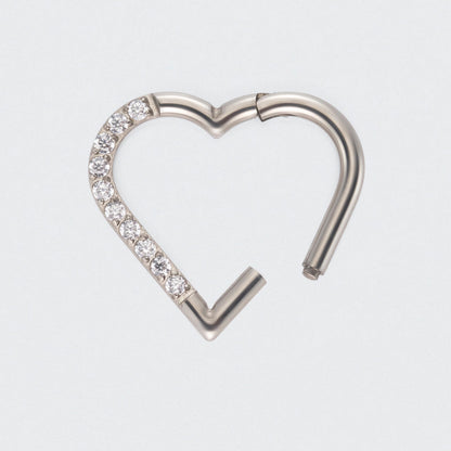 Heart Shaped with Left Facing CZ Segment Clicker Ring in Silver - Titanium
